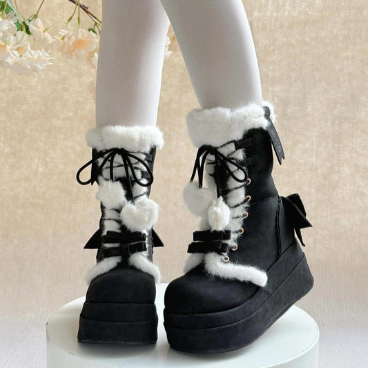Lolita Boots - Cute Platform Thick-soled, Black, Bow Detail, Lace Trim, Lace-Up - main product image