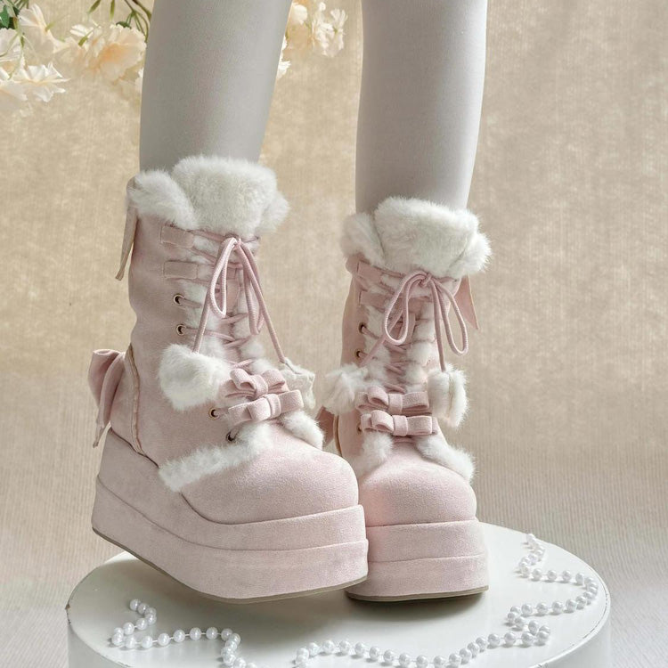 Lolita Boots - Cute Platform Thick-soled, Pink, Platform Sole, Sweet Style, Bow Detail - main product image