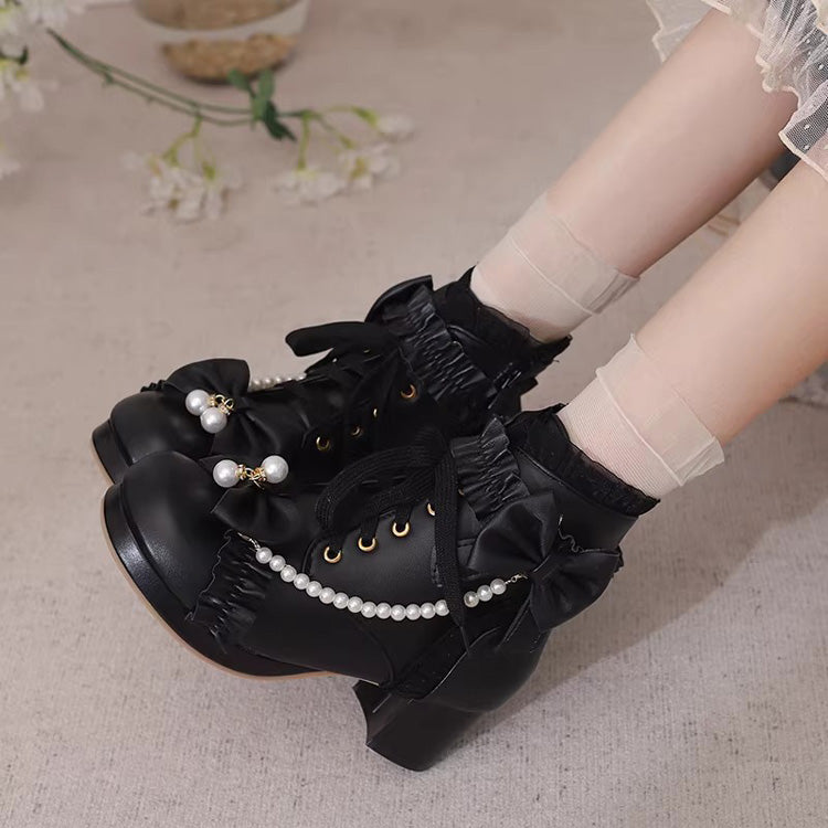 Lolita Boots - Ruffled Bow Pearl-decorated, 3 Colors, Sweet Style, Bow Detail - 28 Black / 29 Black / 30 Black option