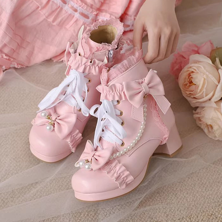 Lolita Boots - Ruffled Bow Pearl-decorated, 3 Colors, Sweet Style, Bow Detail - 28 Pink / 29 Pink / 30 Pink option