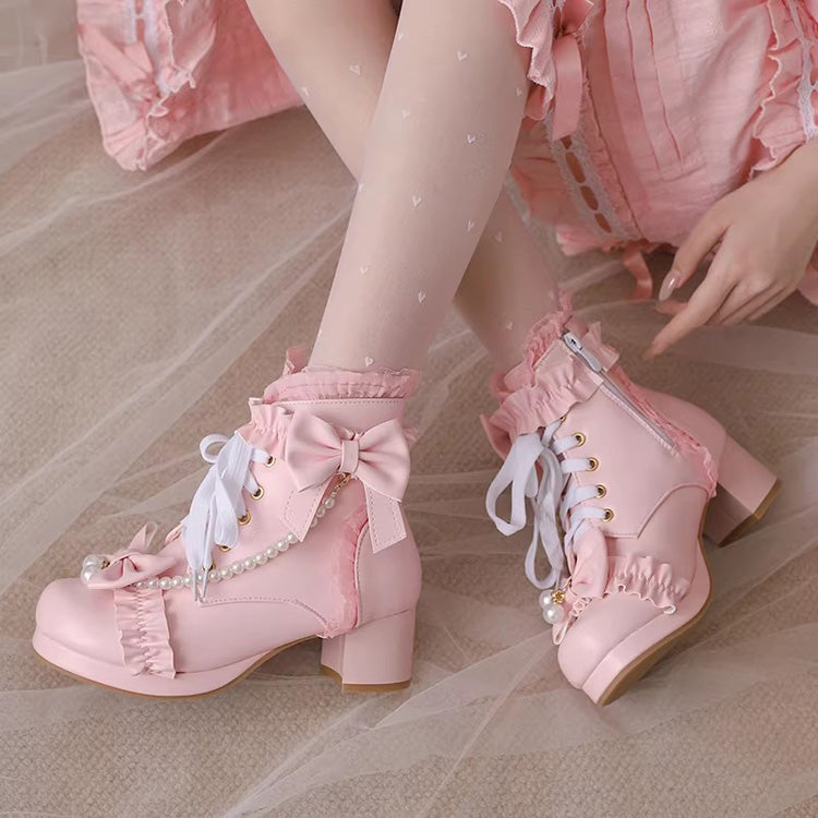Lolita Boots - Ruffled Bow Pearl-decorated, 3 Colors, Sweet Style, Bow Detail - additional product view 2