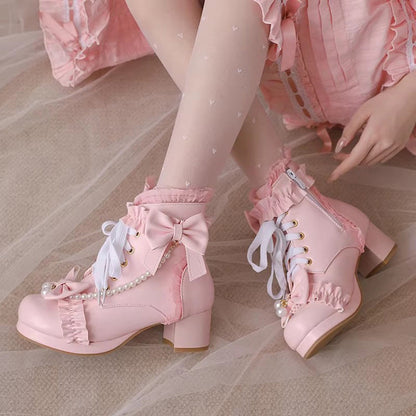 Lolita Boots - Ruffled Bow Pearl-decorated, 3 Colors, Sweet Style, Bow Detail - additional product view 2