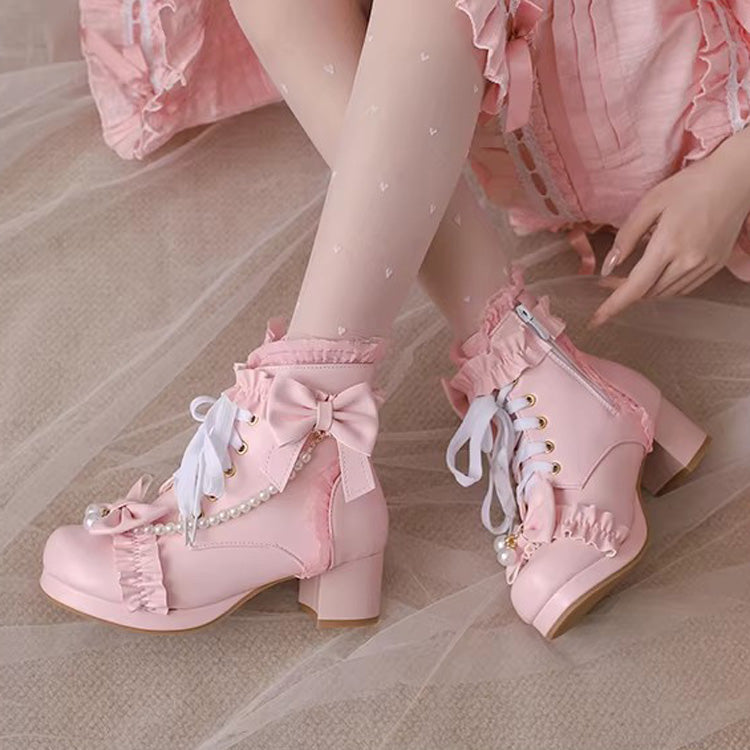 Lolita Boots - Ruffled Bow Pearl-decorated, 3 Colors, Sweet Style, Bow Detail - additional product view 5
