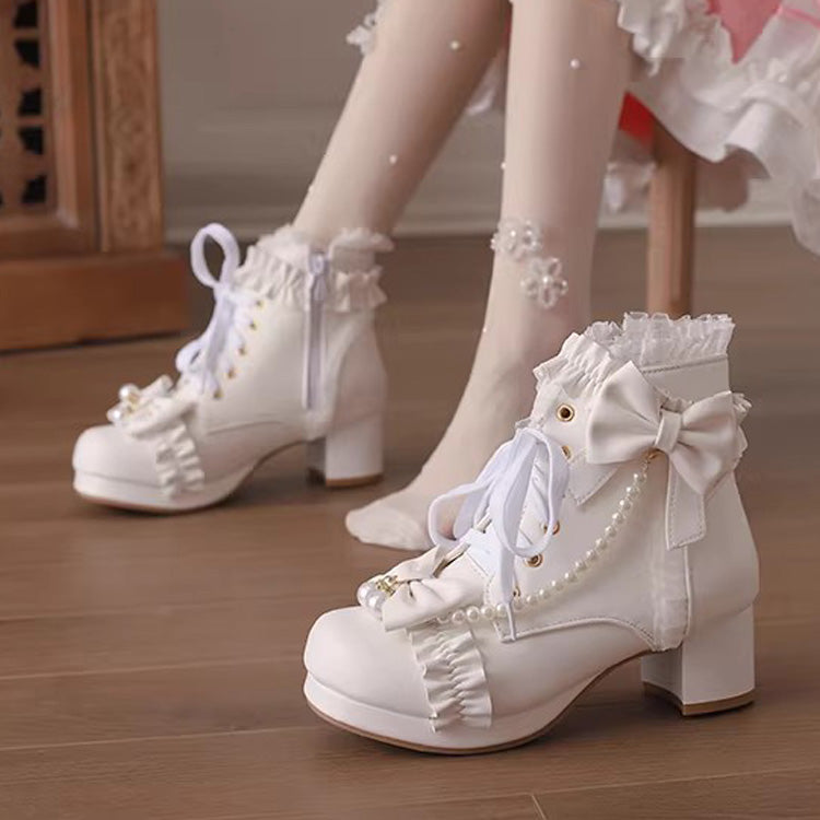 Lolita Boots - Ruffled Bow Pearl-decorated, 3 Colors, Sweet Style, Bow Detail - additional product view 6
