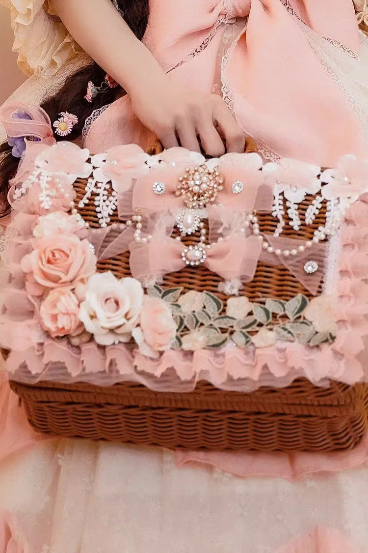 Lolita Character Bag - Hand Woven Rattan Flowers, 2 Colors, Sweet Style, Bow Detail - M Pink option