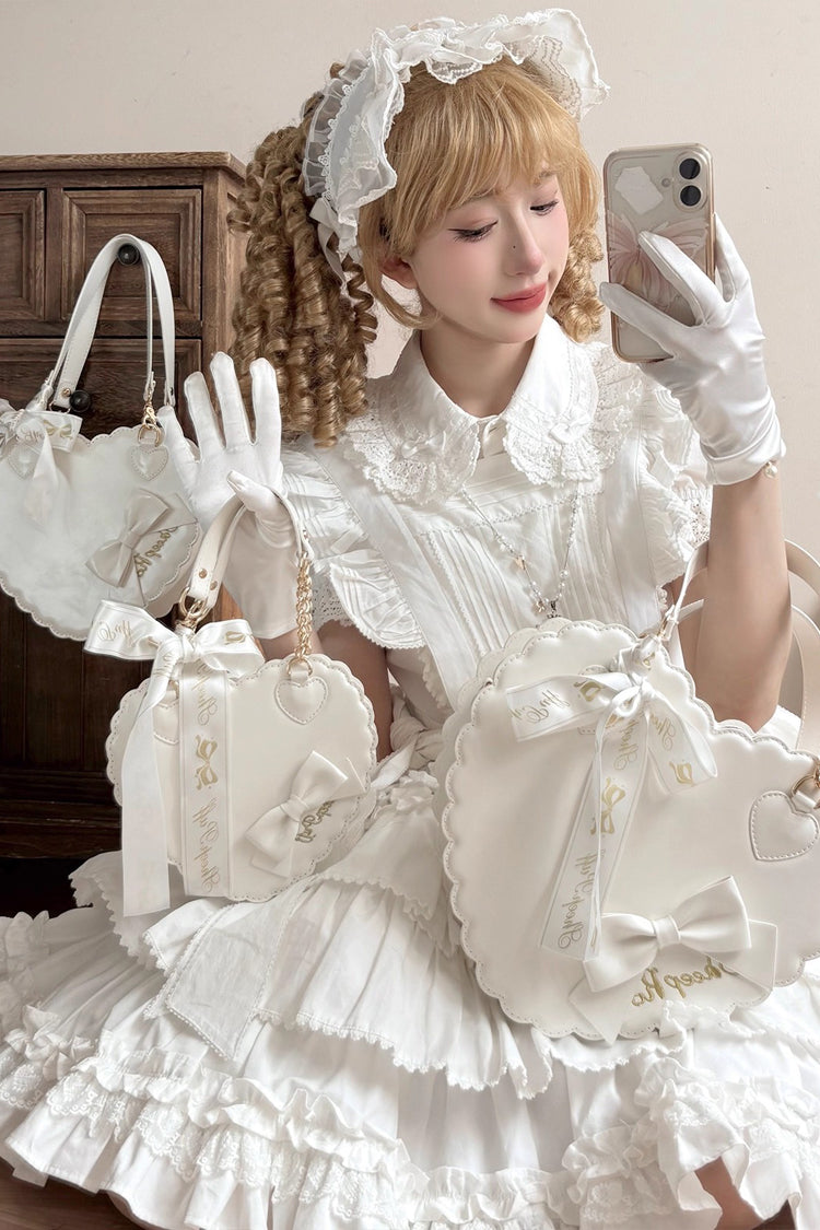 Lolita Character Bag - Heart, 5 Colors, Zipper Detail, Embroidered, Sweet Style - S White / M White / L White option