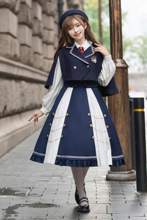 Lolita Coordinate Set - Blue/white Suit Collar Double, 2 Colors, Double-Breasted - additional product view 2