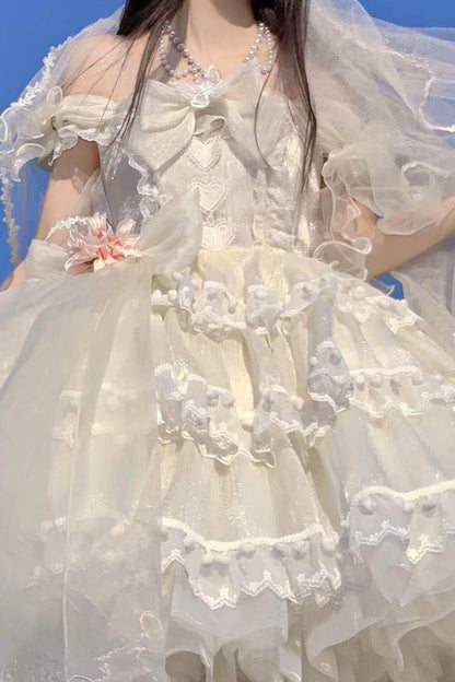 Lolita Coordinate Set - Multi-layered, White, Bow Detail, Ruffled, Sweet Style - S Ivory(Short Version) / M Ivory(Short Version) / L Ivory(Short Version) option