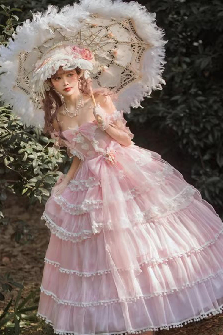 Lolita Coordinate Set - Multi-layered, White, Bow Detail, Ruffled, Sweet Style - S Pink(Long Version) / M Pink(Long Version) / L Pink(Long Version) option