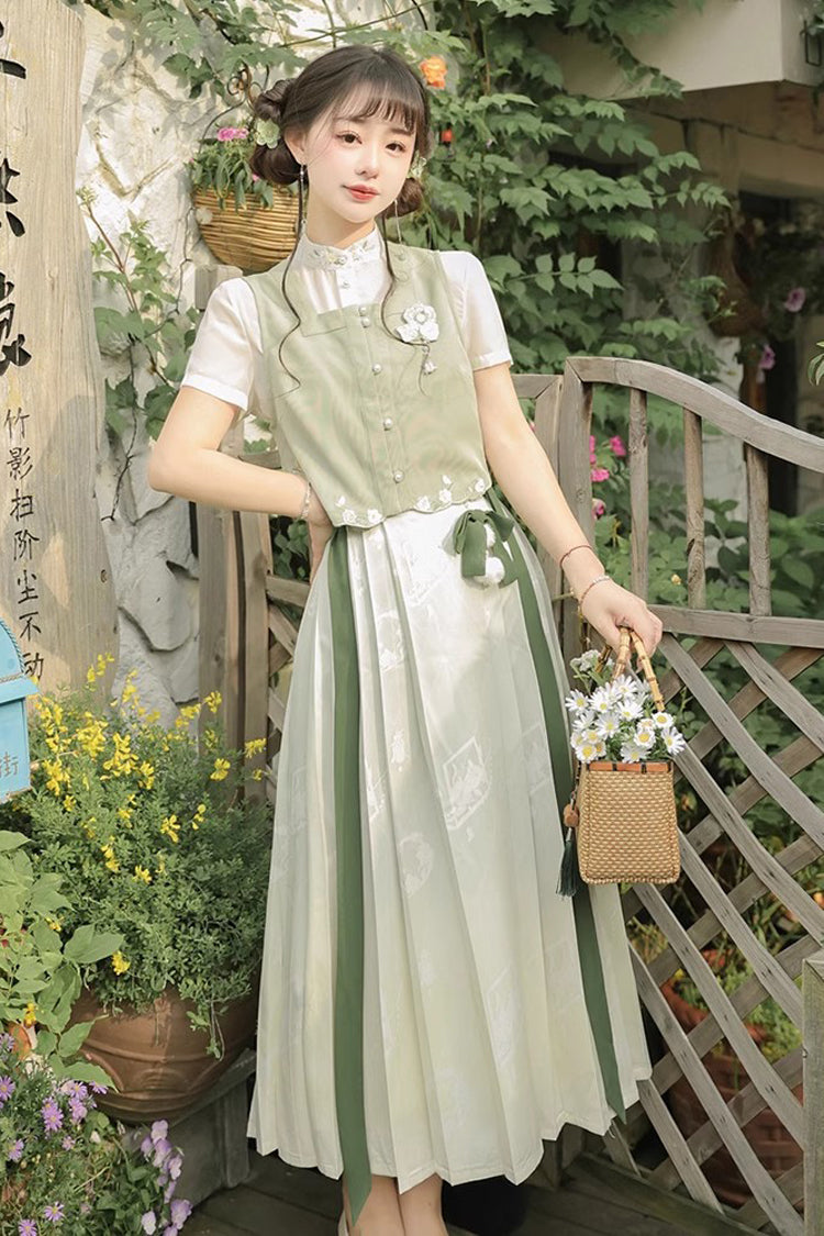 Lolita Coordinate Set - Round Collar Embroidered Pearl, Green, Long Length, Sweet Style - additional product view 2