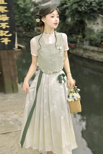 Lolita Coordinate Set - Round Collar Embroidered Pearl, Green, Long Length, Sweet Style - additional product view 3