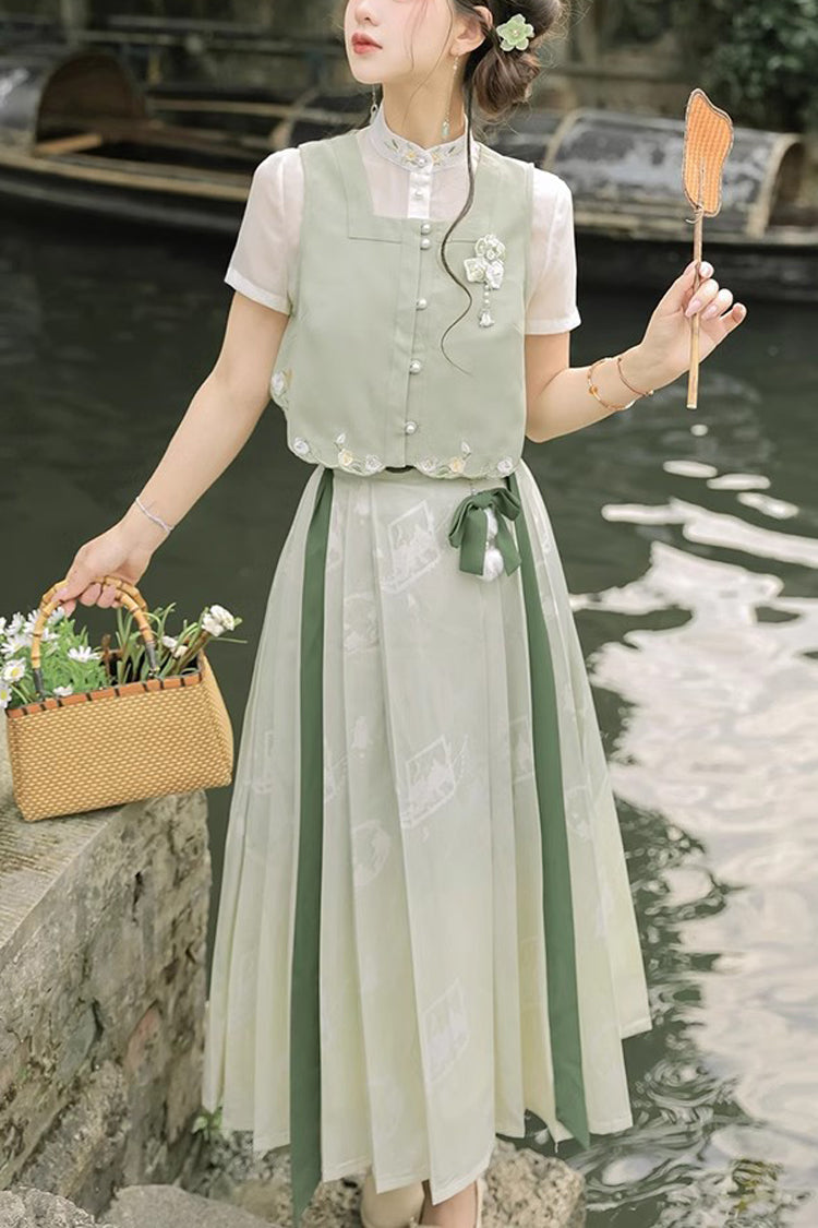 Lolita Coordinate Set - Round Collar Embroidered Pearl, Green, Long Length, Sweet Style - main product image