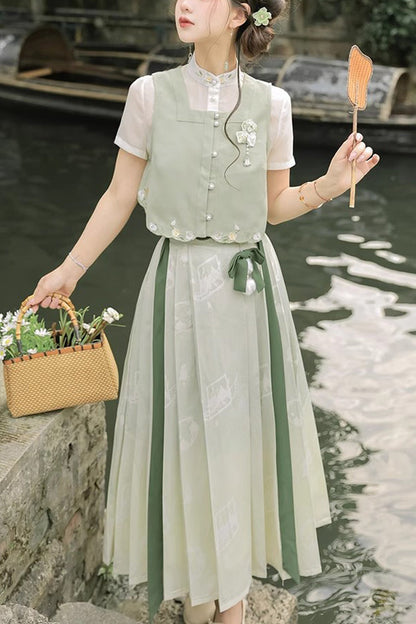 Lolita Coordinate Set - Round Collar Embroidered Pearl, Green, Long Length, Sweet Style - main product image