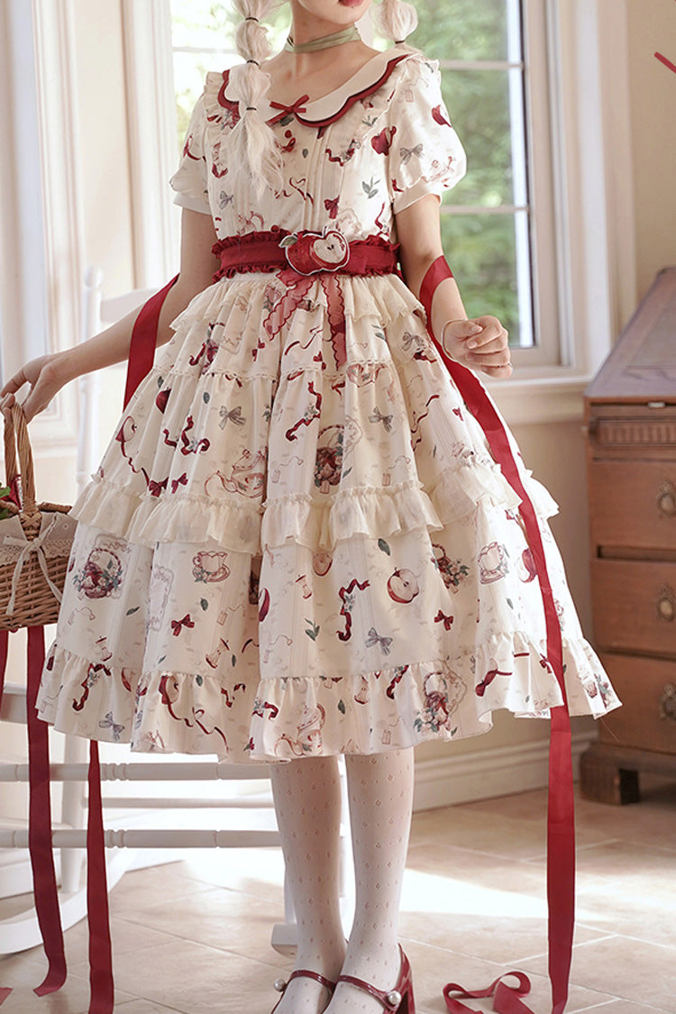 Lolita Dress - Apple Tea Print, White, Bow Detail, Ruffled, Printed - additional product view 4