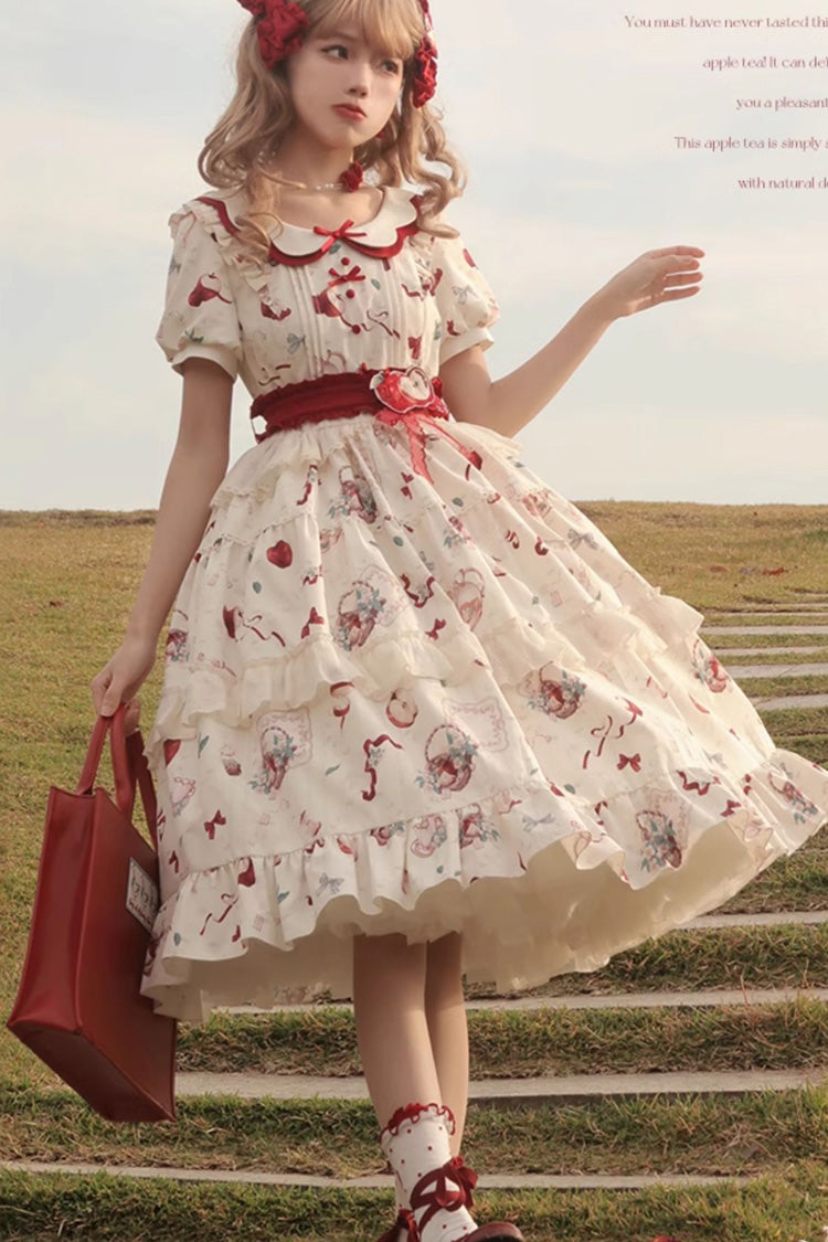 Lolita Dress - Apple Tea Print, White, Bow Detail, Ruffled, Printed - additional product view 9