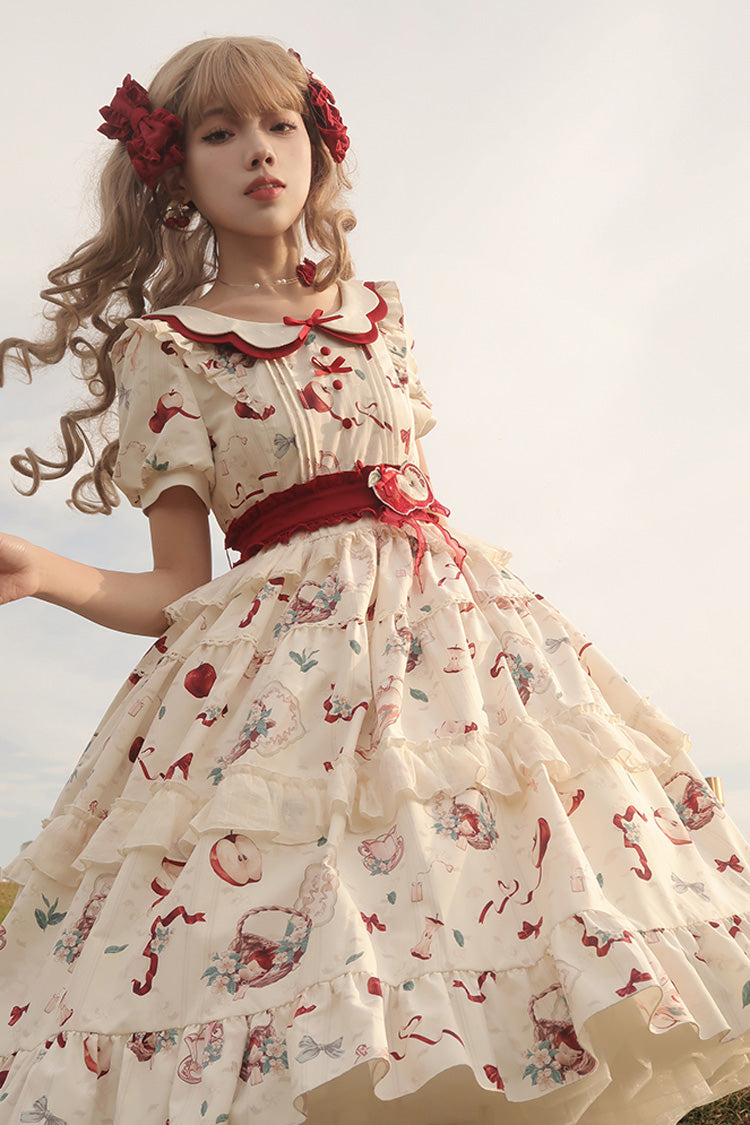 Lolita Dress - Apple Tea Print, White, Bow Detail, Ruffled, Printed - additional product view 11