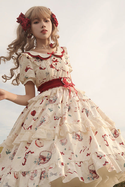 Lolita Dress - Apple Tea Print, White, Bow Detail, Ruffled, Printed - additional product view 11