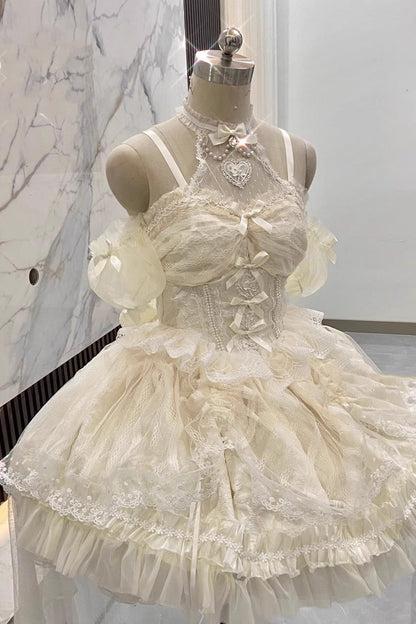 Lolita Dress - Ballet Dream Halterneck, Ivory, Lace Trim, Ruffled, Sweet Style - main product image