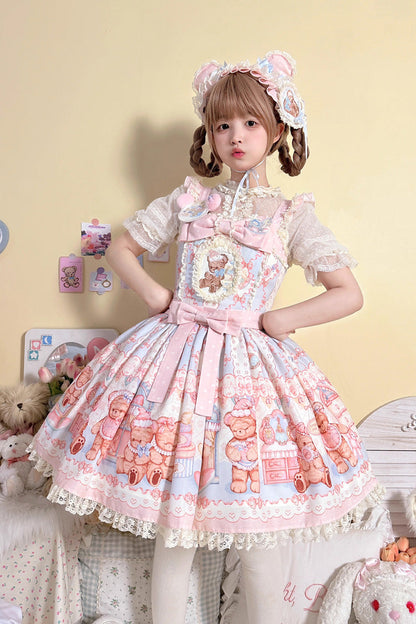 Lolita Dress - Bear Anniversary Celebration, 2 Colors, Bow Detail, Ruffled, Printed - main product image