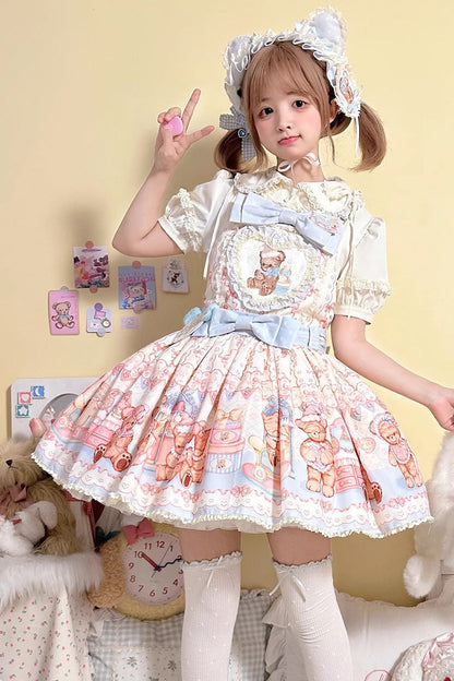 Lolita Dress - Bear Anniversary Celebration, 2 Colors, Bow Detail, Ruffled, Printed - S Yellow/Pink / M Yellow/Pink / L Yellow/Pink option