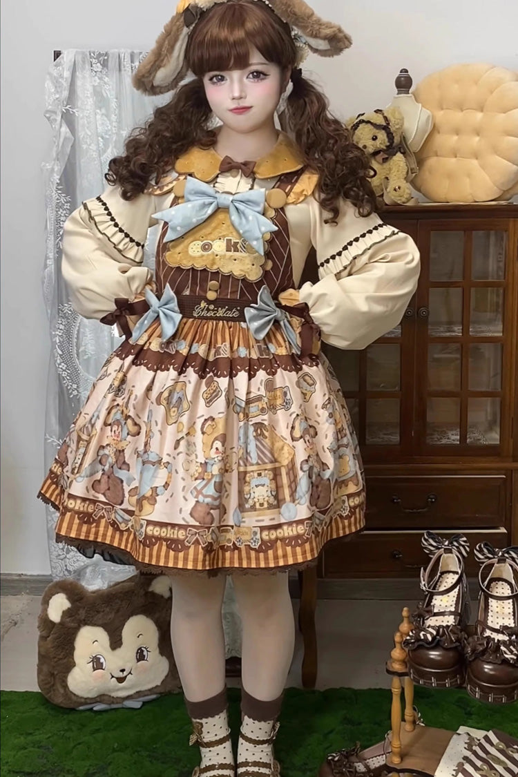 Lolita Dress - Bear Cookies, 2 Colors, Bow Detail, Ruffled, Printed - S Brown/Beige / M Brown/Beige / L Brown/Beige option