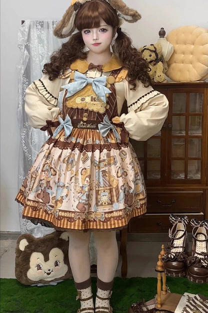 Lolita Dress - Bear Cookies, 2 Colors, Bow Detail, Ruffled, Printed - S Brown/Beige / M Brown/Beige / L Brown/Beige option