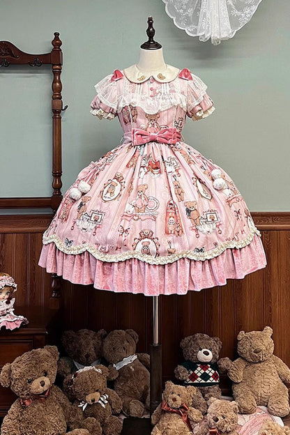 Lolita Dress - Bear Doll Wall Print, Pink, Sweet Style, Bow Detail, Ruffled - additional product view 3