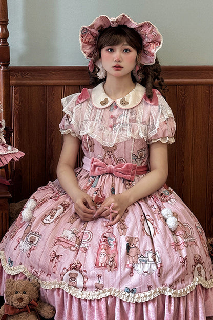 Lolita Dress - Bear Doll Wall Print, Pink, Sweet Style, Bow Detail, Ruffled - additional product view 7