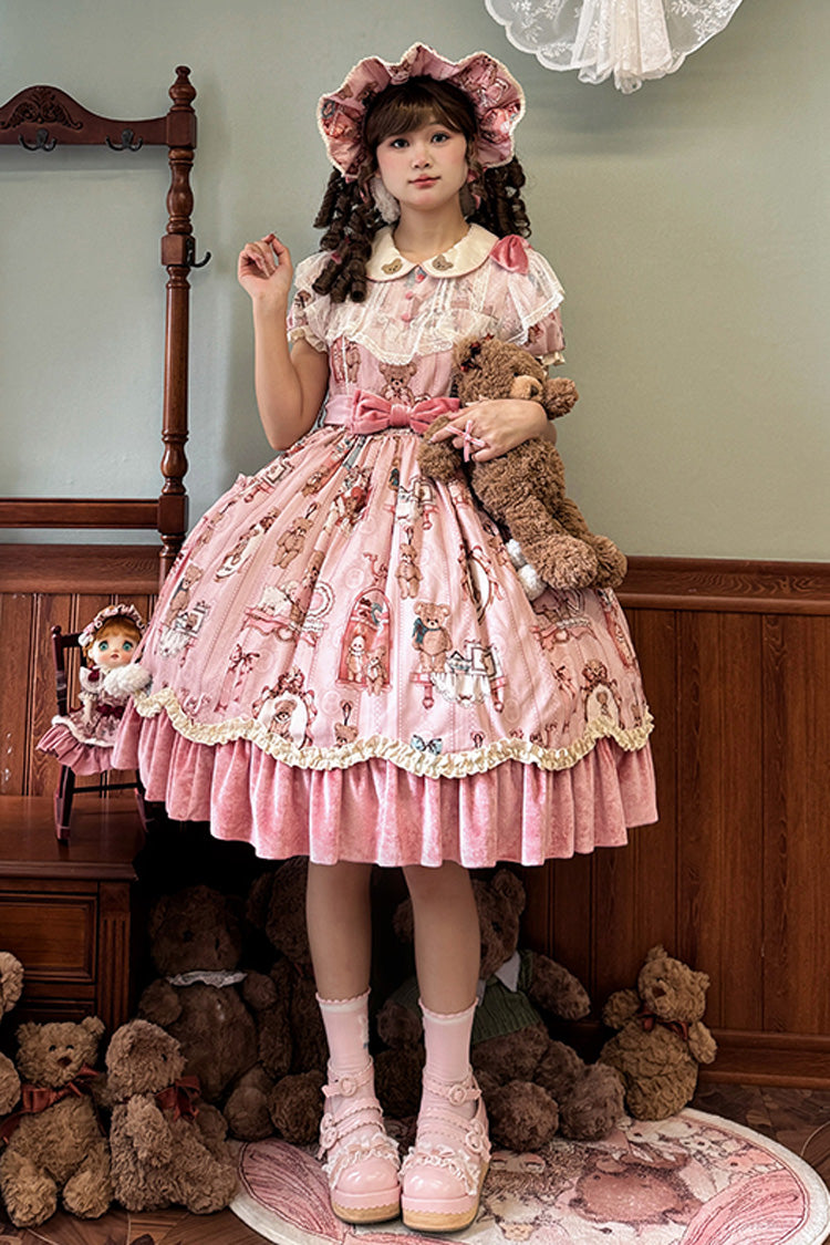 Lolita Dress - Bear Doll Wall Print, Pink, Sweet Style, Bow Detail, Ruffled - main product image