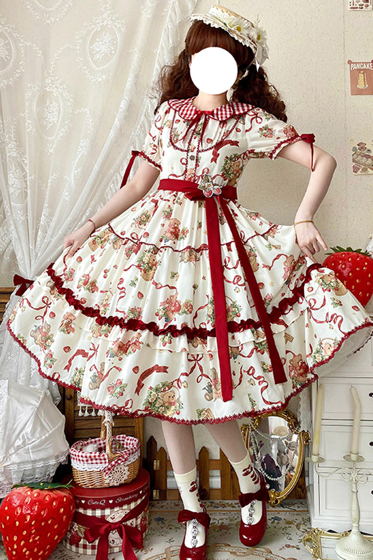 Lolita Dress - Bear's Strawberry Garden, 4 Colors, Printed, Sweet Style, Bow Detail - additional product view 2