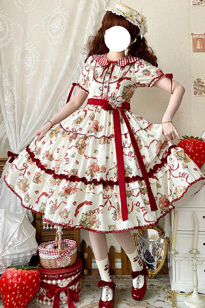 Lolita Dress - Bear's Strawberry Garden, 4 Colors, Printed, Sweet Style, Bow Detail - additional product view 2