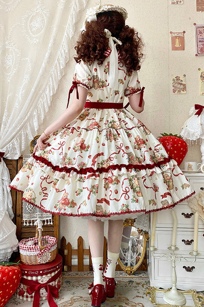 Lolita Dress - Bear's Strawberry Garden, 4 Colors, Printed, Sweet Style, Bow Detail - additional product view 3