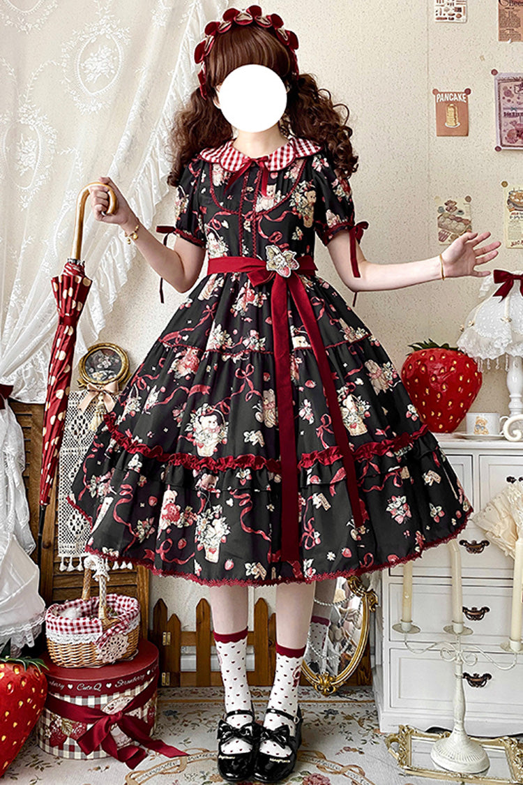 Lolita Dress - Bear's Strawberry Garden, 4 Colors, Printed, Sweet Style, Bow Detail - additional product view 4