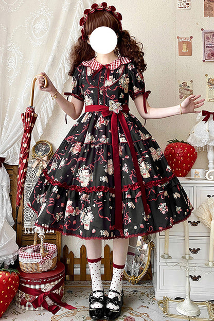 Lolita Dress - Bear's Strawberry Garden, 4 Colors, Printed, Sweet Style, Bow Detail - additional product view 4