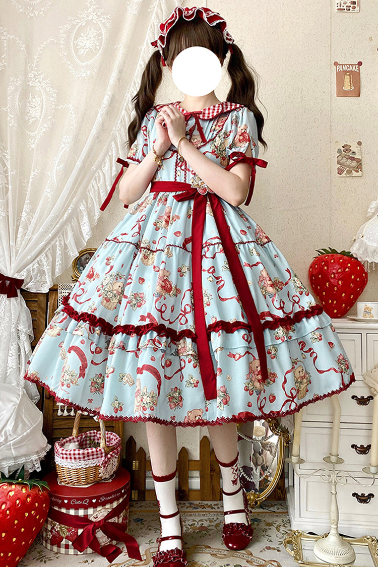 Lolita Dress - Bear's Strawberry Garden, 4 Colors, Printed, Sweet Style, Bow Detail - additional product view 7