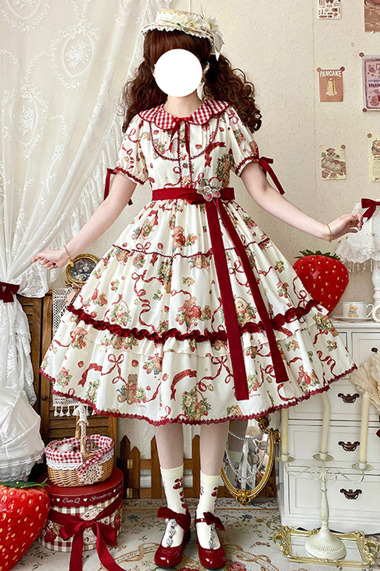 Lolita Dress - Bear's Strawberry Garden, 4 Colors, Printed, Sweet Style, Bow Detail - main product image