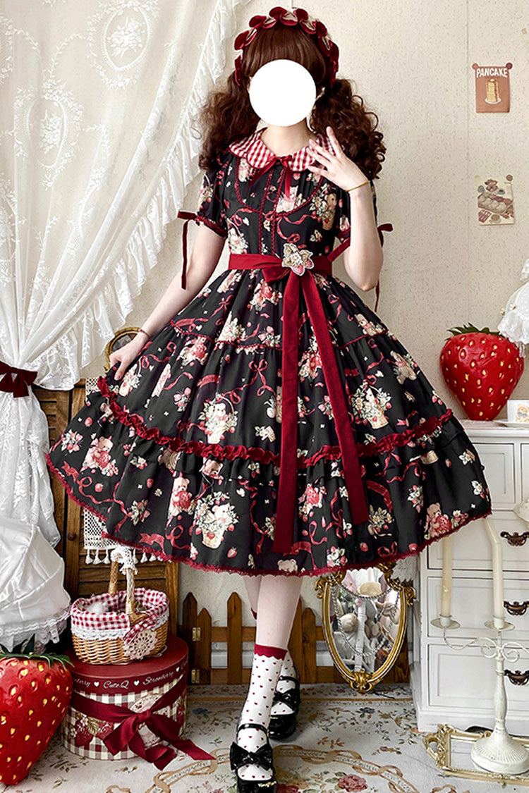 Lolita Dress - Bear's Strawberry Garden, 4 Colors, Printed, Sweet Style, Bow Detail - S Black / M Black / L Black option