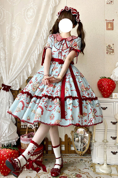 Lolita Dress - Bear's Strawberry Garden, 4 Colors, Printed, Sweet Style, Bow Detail - S Blue / M Blue / L Blue option