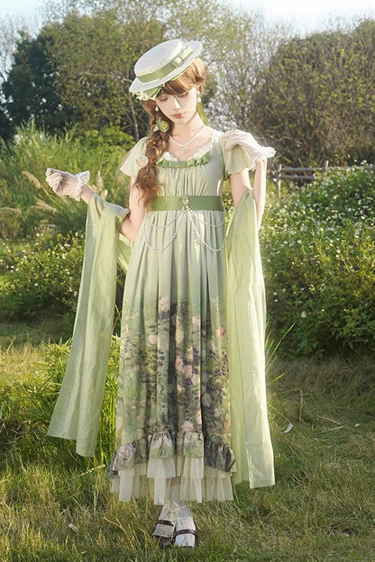 Lolita Dress - Blooming Roses, Green, Ruffled, Printed, Sweet Style - main product image