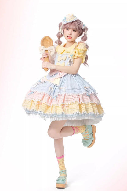 Lolita Dress - Blue/pink/yellow Sweetheart, 3 Colors, Bow Detail, Ruffled, Layered - additional product view 3