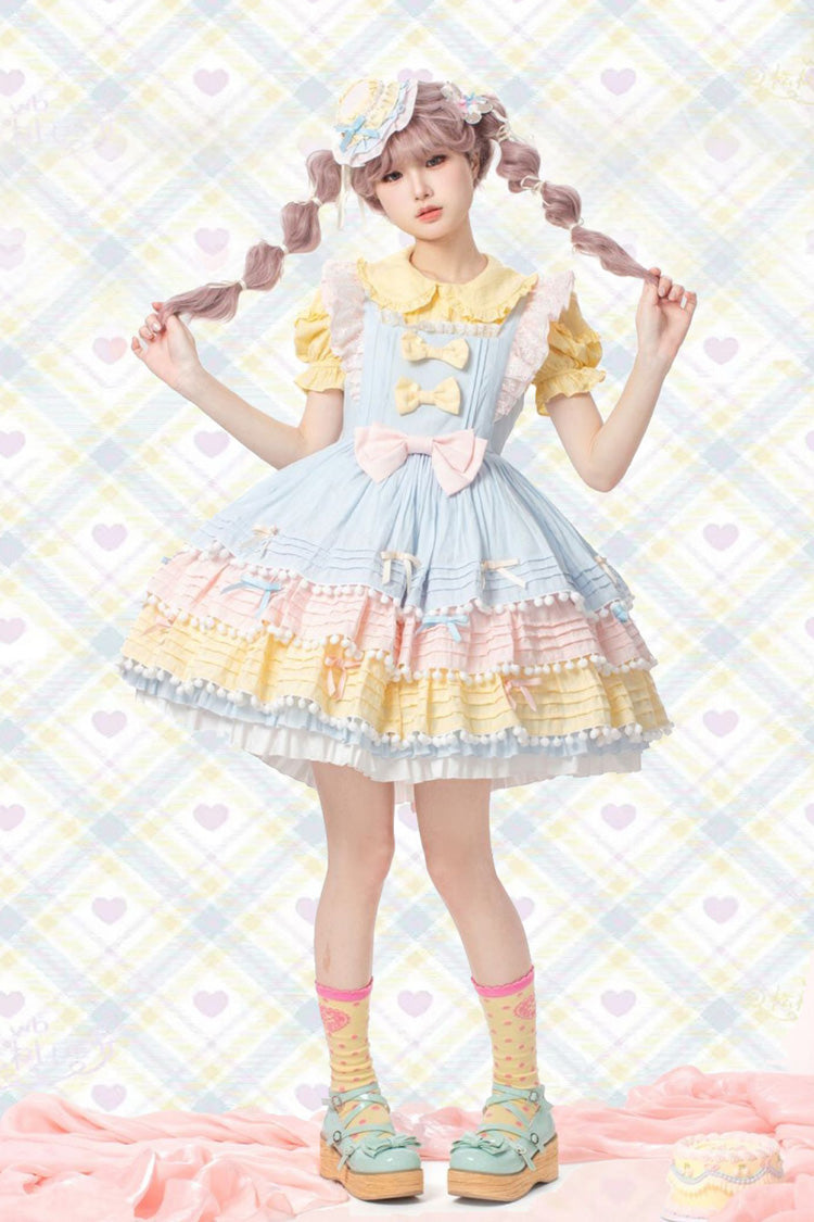 Lolita Dress - Blue/pink/yellow Sweetheart, 3 Colors, Bow Detail, Ruffled, Layered - additional product view 4
