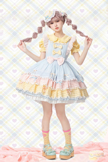 Lolita Dress - Blue/pink/yellow Sweetheart, 3 Colors, Bow Detail, Ruffled, Layered - additional product view 4