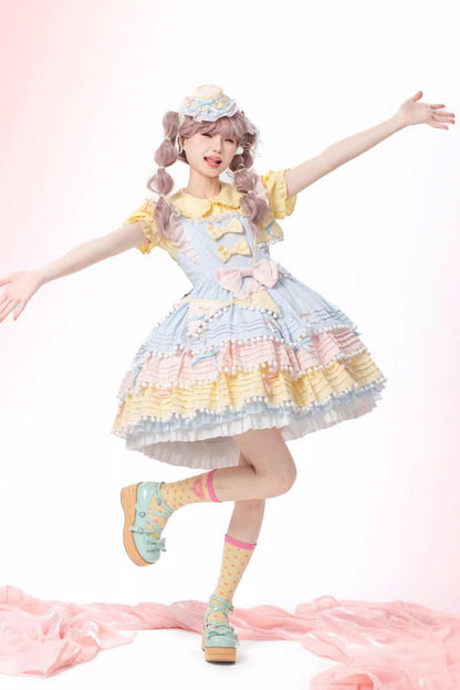 Lolita Dress - Blue/pink/yellow Sweetheart, 3 Colors, Bow Detail, Ruffled, Layered - additional product view 5