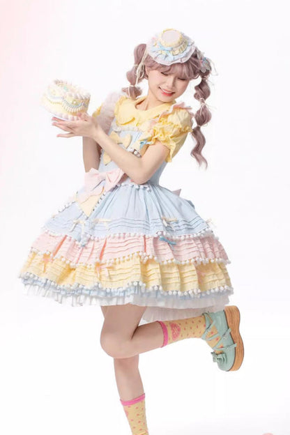 Lolita Dress - Blue/pink/yellow Sweetheart, 3 Colors, Bow Detail, Ruffled, Layered - additional product view 6