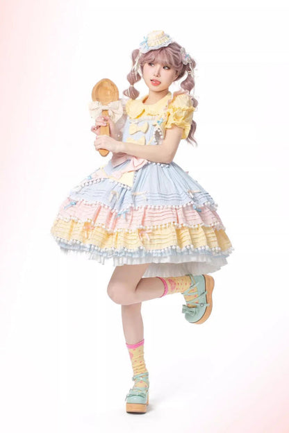 Lolita Dress - Blue/pink/yellow Sweetheart, 3 Colors, Bow Detail, Ruffled, Layered - additional product view 7