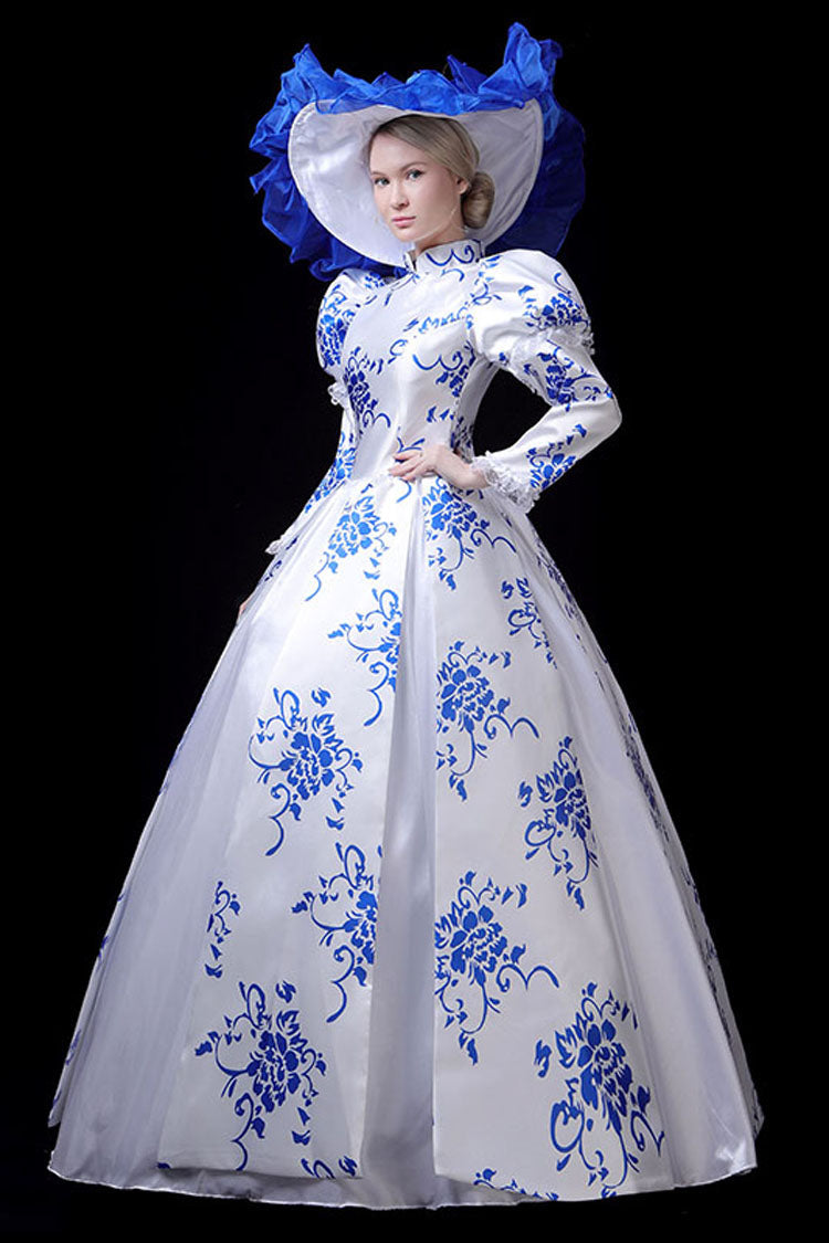 Lolita Dress - Blue/white Porcelain Printing, 2 Colors, Stand Collar, High Waist, Printed - additional product view 2