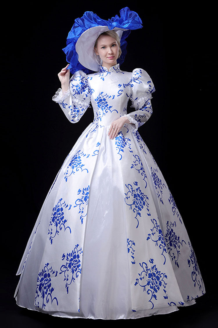 Lolita Dress - Blue/white Porcelain Printing, 2 Colors, Stand Collar, High Waist, Printed - additional product view 3
