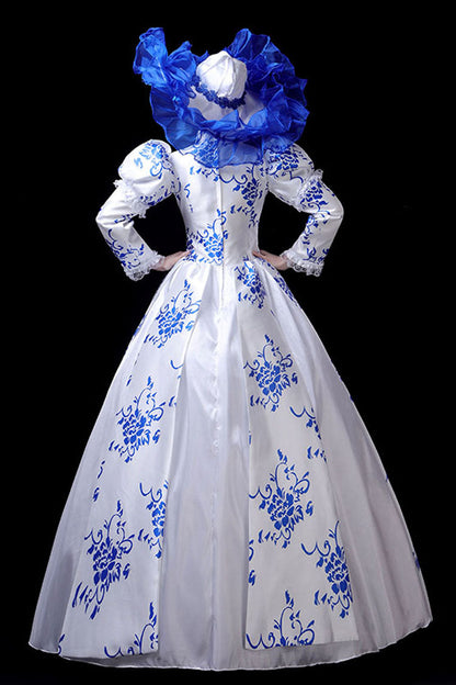 Lolita Dress - Blue/white Porcelain Printing, 2 Colors, Stand Collar, High Waist, Printed - additional product view 4