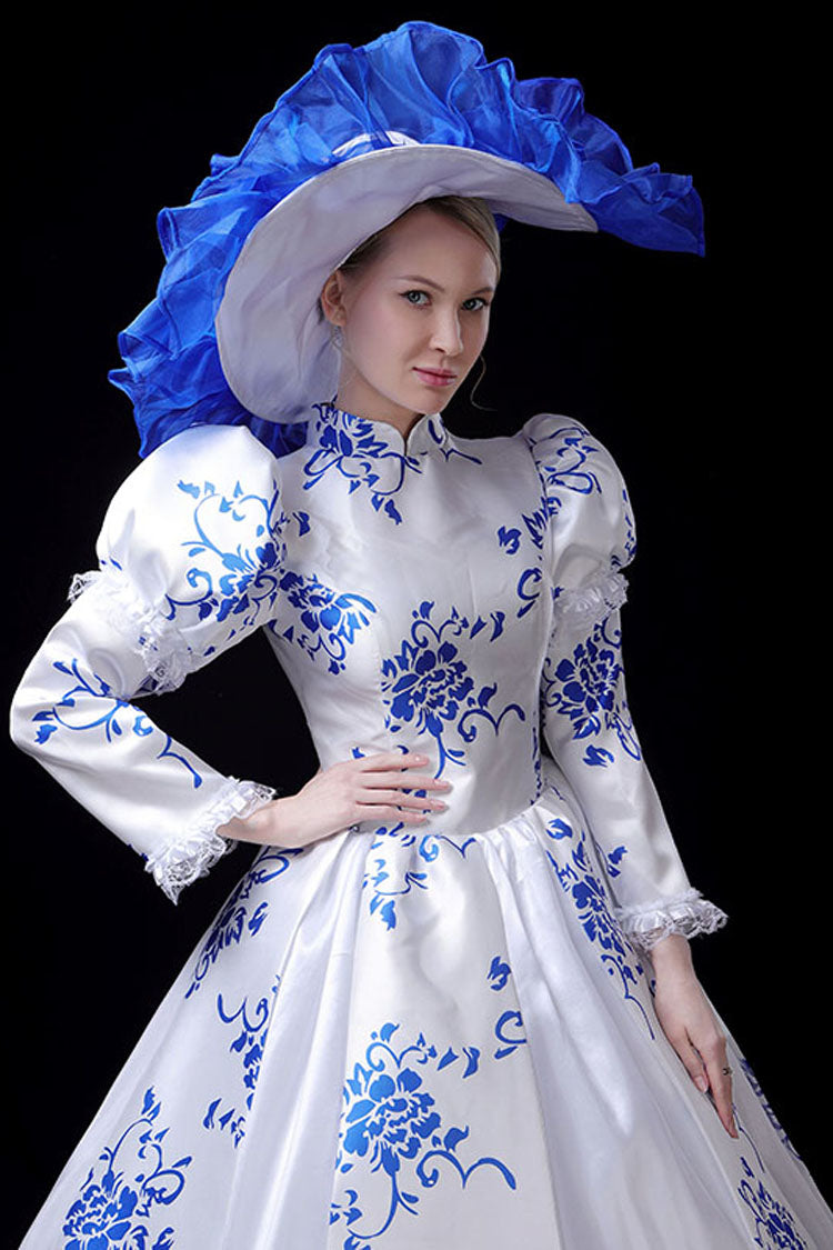 Lolita Dress - Blue/white Porcelain Printing, 2 Colors, Stand Collar, High Waist, Printed - additional product view 5