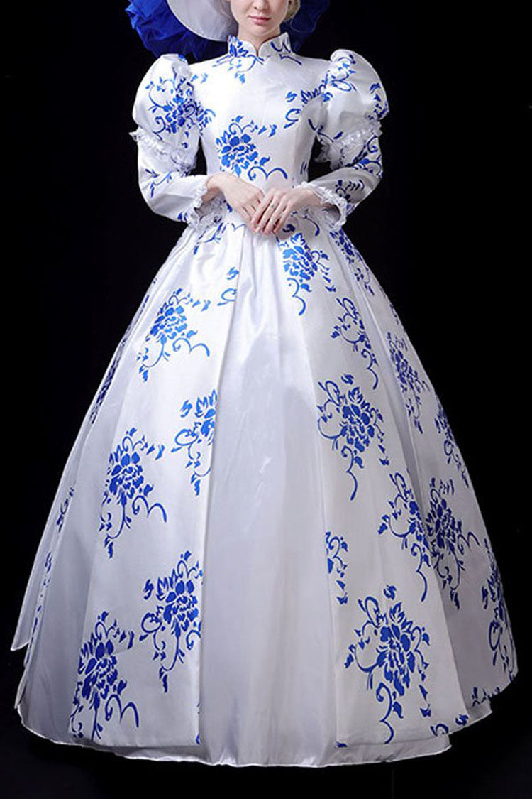 Lolita Dress - Blue/white Porcelain Printing, 2 Colors, Stand Collar, High Waist, Printed - main product image